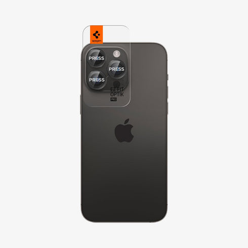 AGL05205 - iPhone 14 Pro / 14 Pro Max Optik Pro Lens Protector in black showing the device